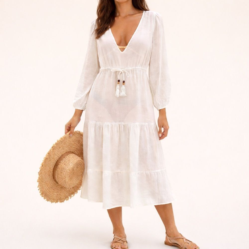 NWT Joie White Linen Blend Midi Dress Beach Sheer Cover Up Tassel Tie Size Small